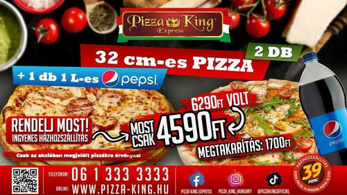 Pizza King 7 - 2 darab normál 32cm pizza, 1l pepsivel - Szuper ajánlat - Online rendelés